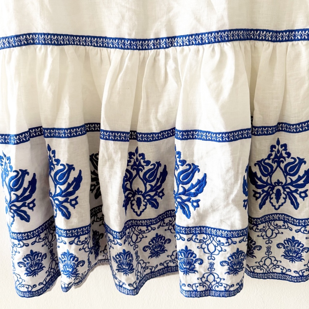 NEW Zara Linen White & Blue Embroidered Floral Tiered Long Skirt Size XS - Picture 4 of 11